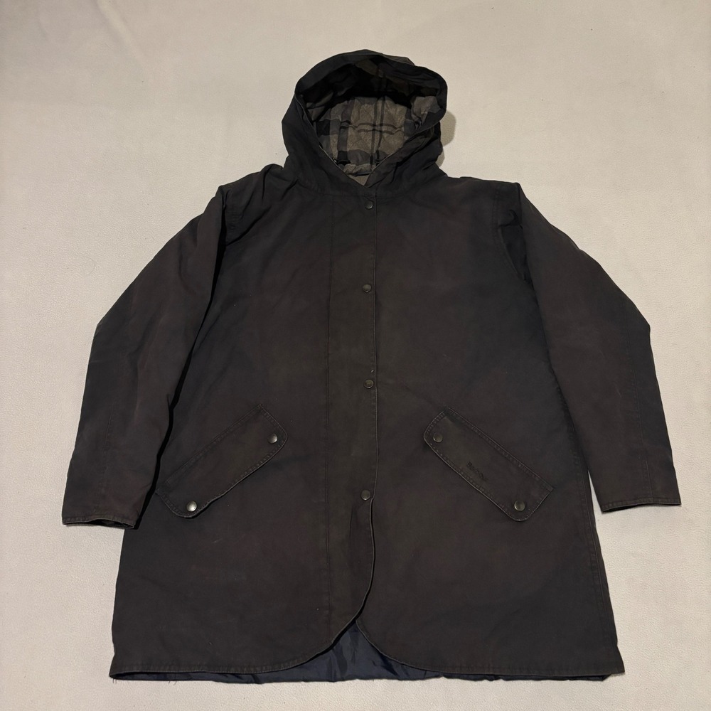 Barbour Coll Wax Jacket Womens Size US 16 Black Tartan Hooded Lined Winter